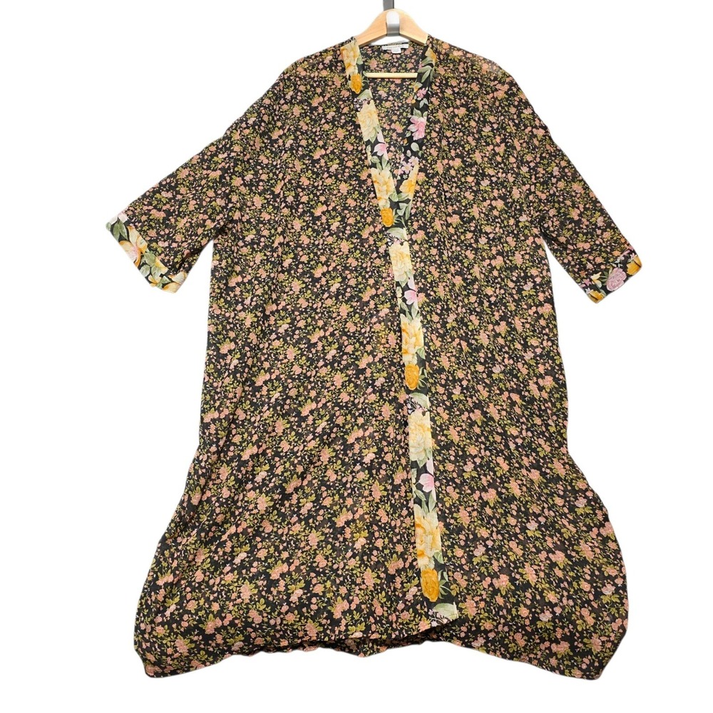 American Eagle Kimono Cardigan Womens S Black Floral Long Duster Sheer Boho - Picture 2 of 11